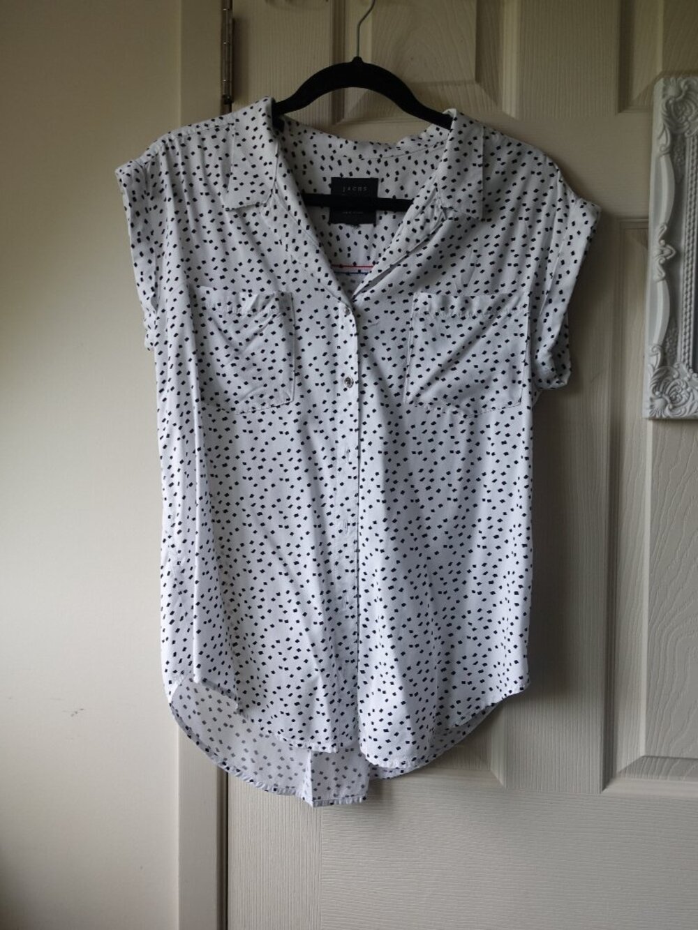 JACHS Girlfriend White Short-Sleeve Button Front Top with Black Dot Print